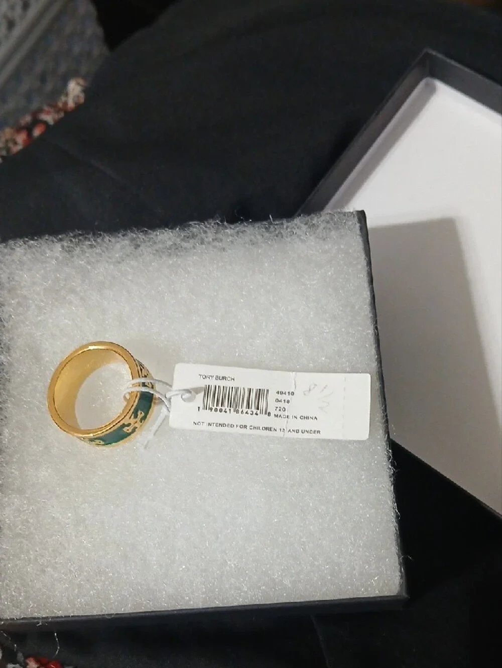 Tori Burch Gold and Emerald Green Women's Logo Accent Ring